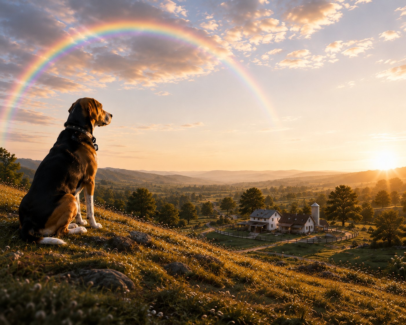 A tricolor foxhound sits on a grassy hilltop at golden hour, watching over rolling countryside and a small farm, with a large rainbow arcing across the sky.